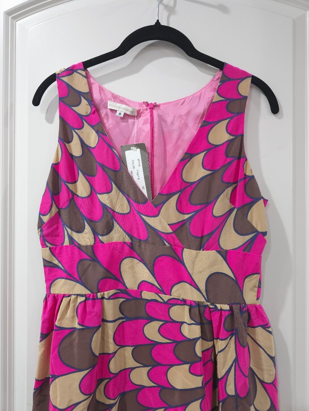 Retro Mod Abstract Print Sleeveless V-Neck Fit & Flare Dress, 100% Silk - Picture 3 of 14